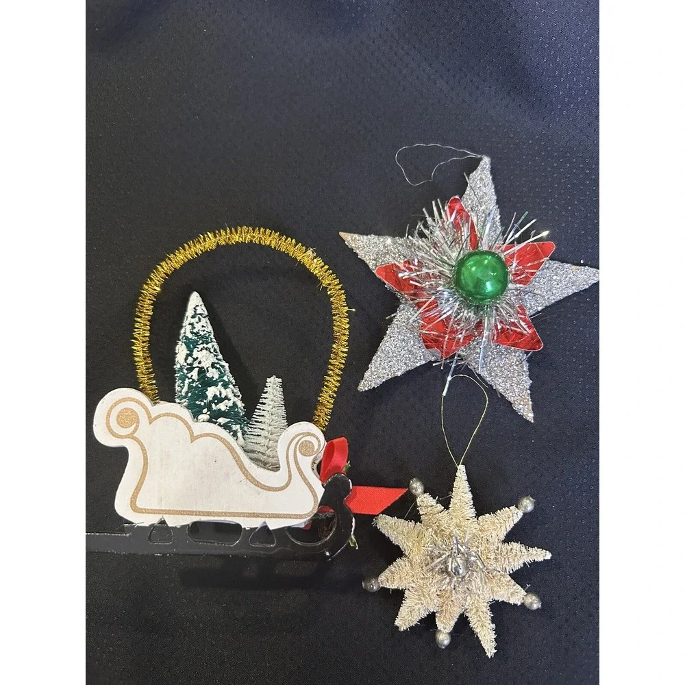 Vtg Christmas Ornaments Lot of 3 Mini Sled w Bottle Brush Trees + 2 Star Shapes
